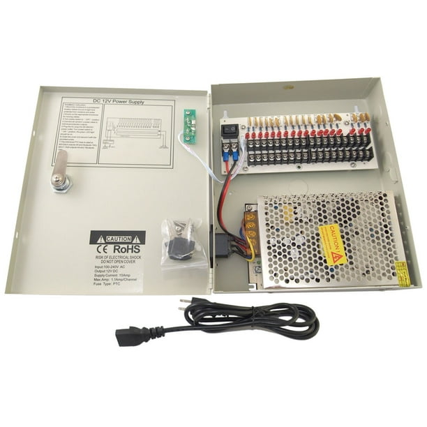 Lapetus 18 Channel Output 12V DC 10A Auto Reset Fuse Distributed Power Supply Switch Box for CCTV DVR Security Camera